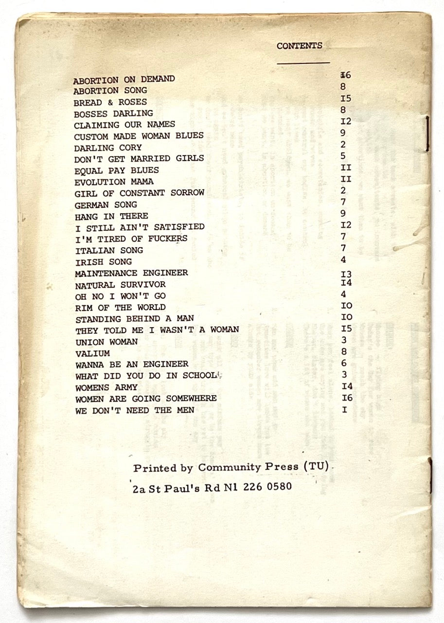 Table of contents page from 1977 Women's Liberation Conference Songbook.