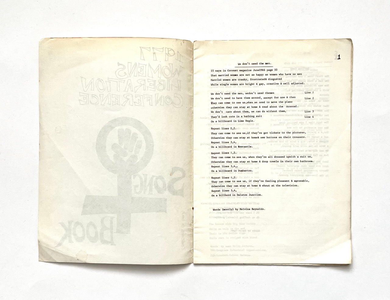 Open 1977 Women's Liberation Conference songbook with song text.