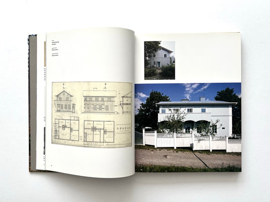 Interior spread from Alvar Aalto Houses (2011) by Jari Jetsonen and Sirkkaliisa Jetsonen, showing archival architectural drawings alongside contemporary photographs of an early Alvar Aalto house.