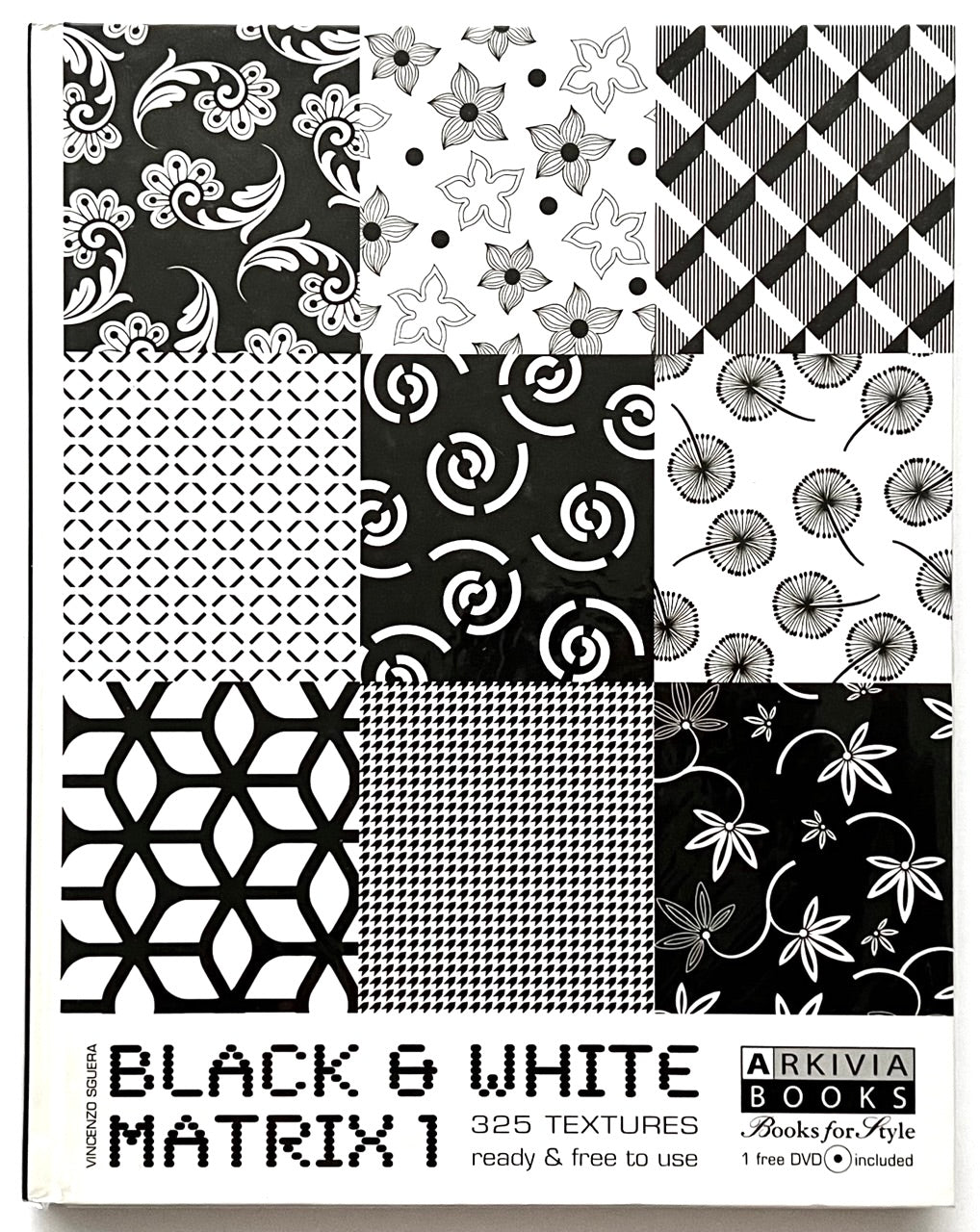 Book titled 'Black & White Matrix 1' by Arkivvia Books with various black and white patterns on the cover.