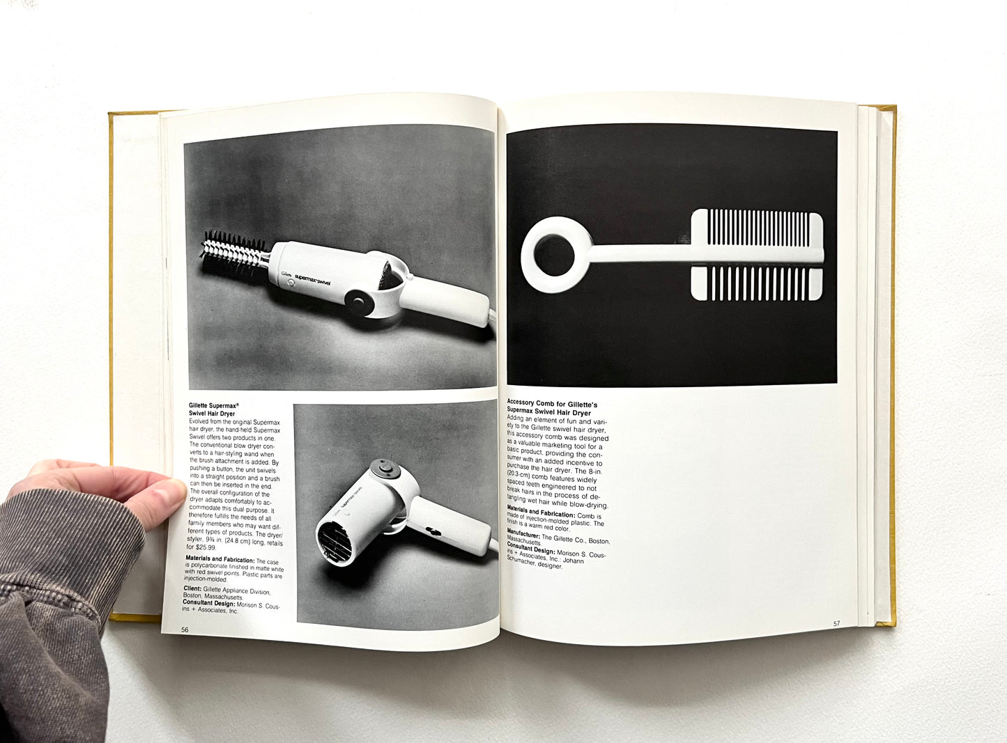 Open book showing black and white images of 1970s hair styling tools with text on a white background.