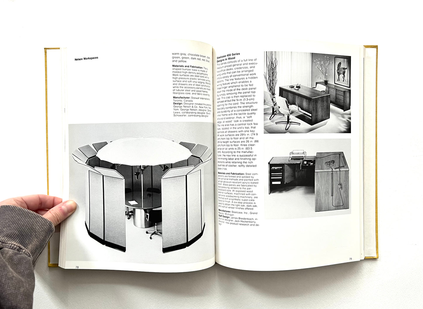 Open book showing 1970s interior design images and text on a white background