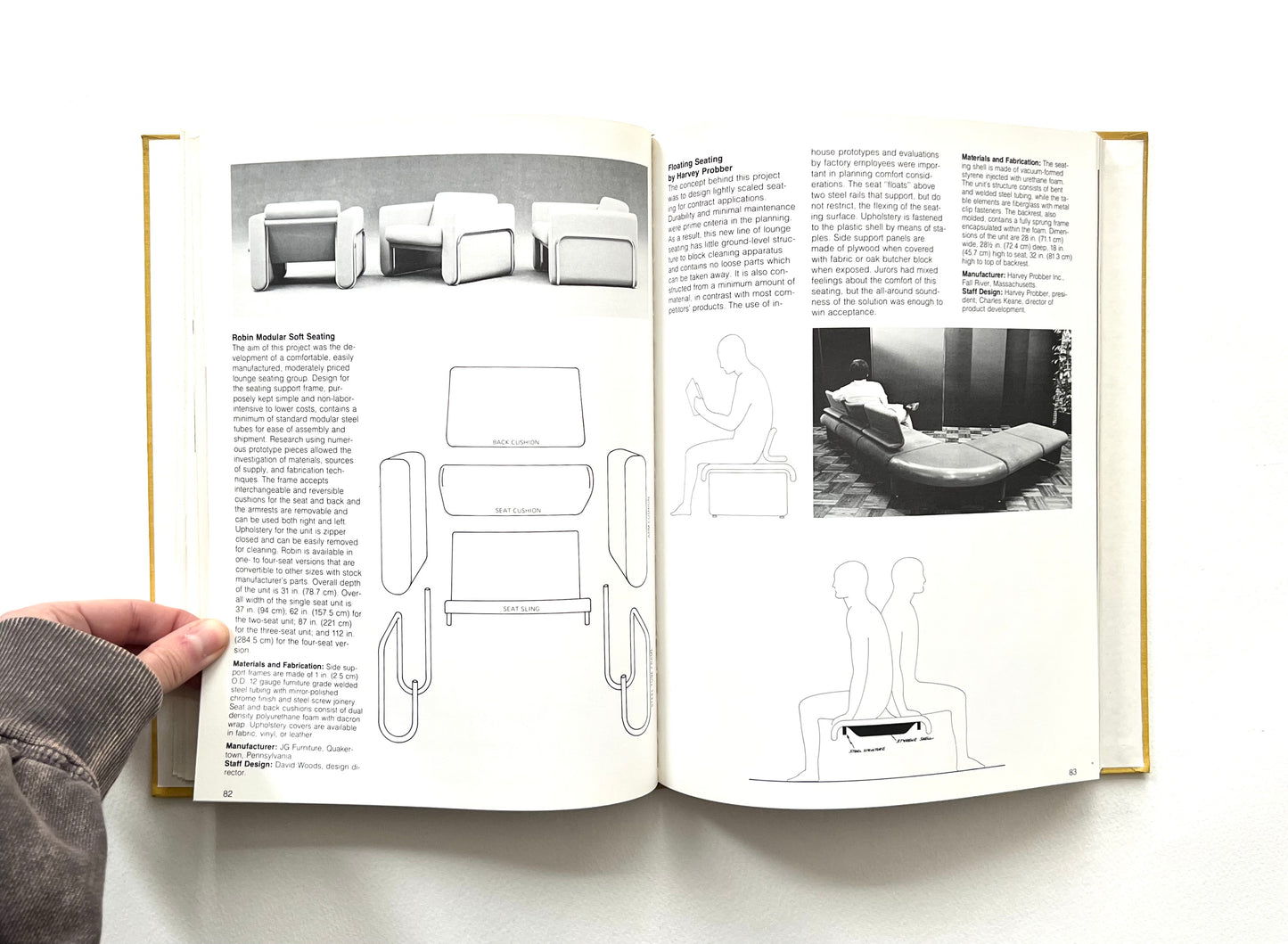 Open book with 1970s interior design illustrations and text on a white background
