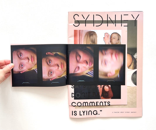 Open magazine with multiple faces of Sydney Sweeney on a white background