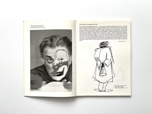 Interior spread showing a black-and-white portrait of Federico Fellini with clown-like painted lines across his face on the left page. Right page features Italian text and a loose black-ink sketch of a figure in an overcoat, viewed from behind