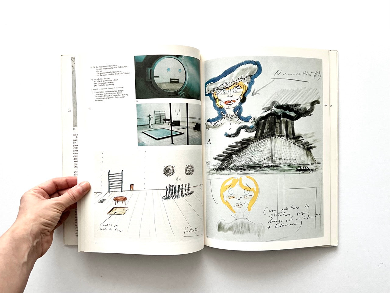 Interior spread showing three minimalist architectural set photographs on the left page and a pencil stage-layout drawing below. Right page features coloured sketches of a woman in a blue hat, a volcanic structure emitting smoke, and a small portrait of a blond character, each accompanied by handwritten notes