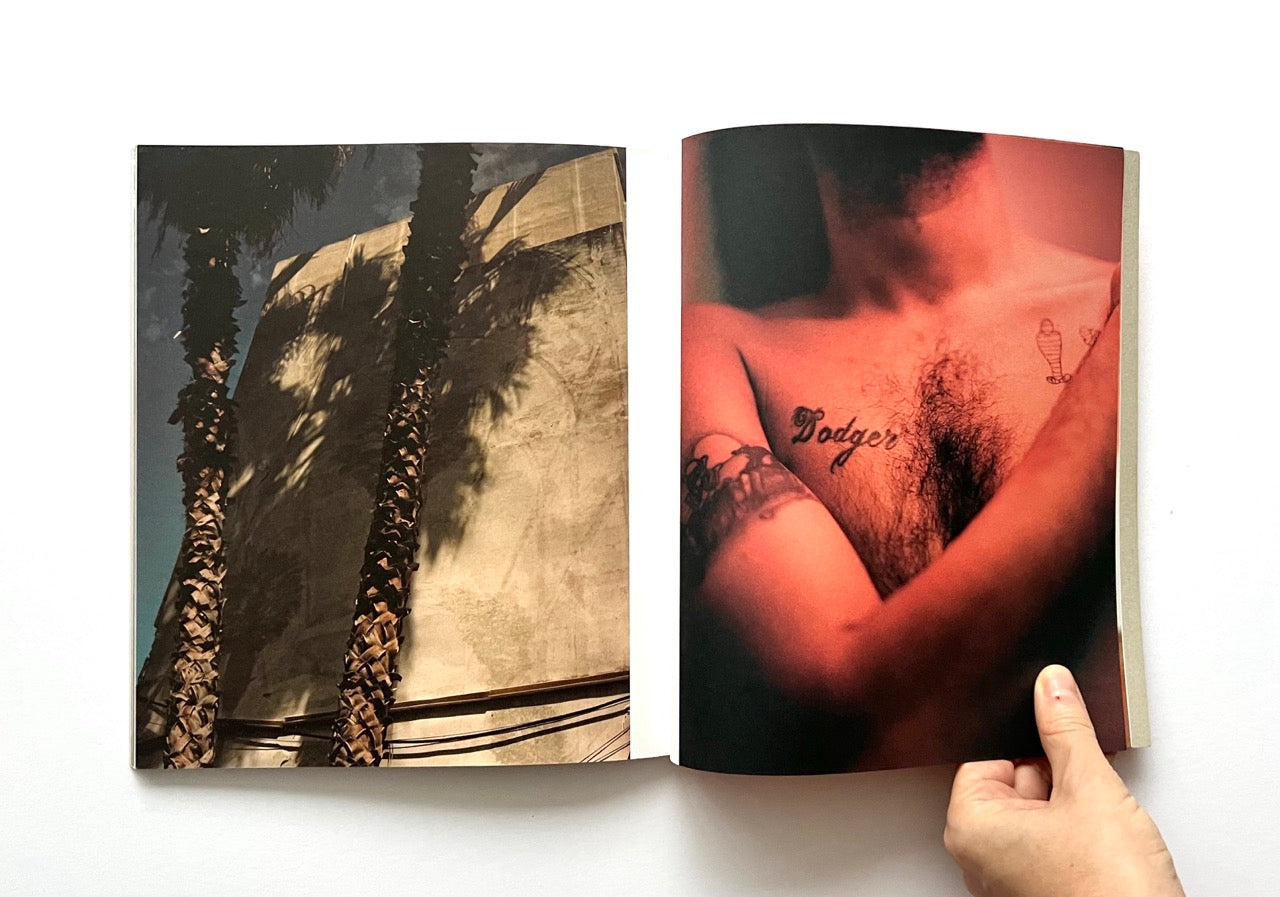 Open book - 'Port Yarin' by Jeff Hahn - showing a palm tree and a man with tattoos.