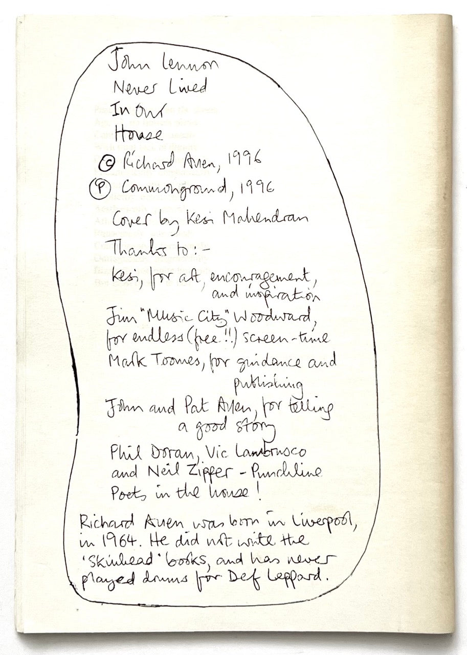 Rear cover of 'JOHN LENNON NEVER LIVED IN OUR HOUSE' poetry book by RICHARD ALLEN, with handwritten text inside an oval shape.
