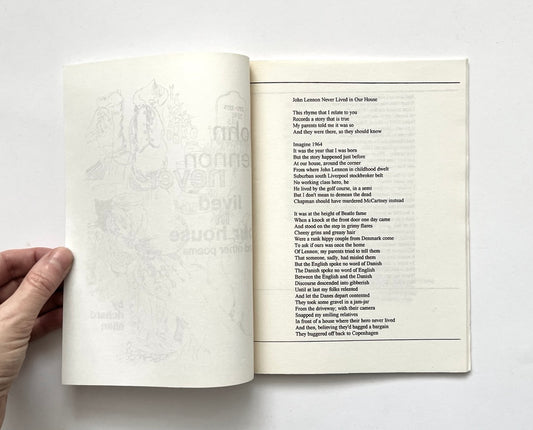 Open book: 'JOHN LENNON NEVER LIVED IN OUR HOUSE' by RICHARD ALLEN, with text on a white background