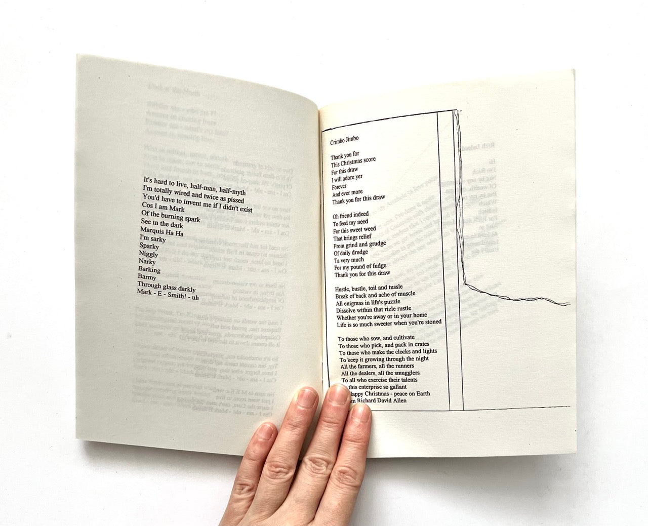 Open book: 'JOHN LENNON NEVER LIVED IN OUR HOUSE' by RICHARD ALLEN, with text on a white background