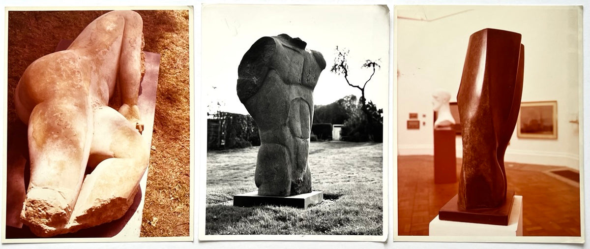 Three vintage photographs of John Skelton’s sculptures, including a reclining stone figure, the outdoor stone Torso (1975), and an abstract standing torso sculpture displayed in a gallery.