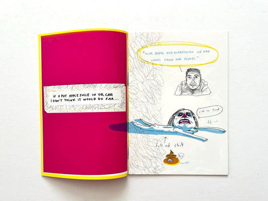 Mind Ur Food by Ayam Tulum (2017) — Interior page combining a handwritten joke about apple juice with a blue figure floating in water, surrounded by crude cartoon references to bodily functions and the phrase “full of shit.”