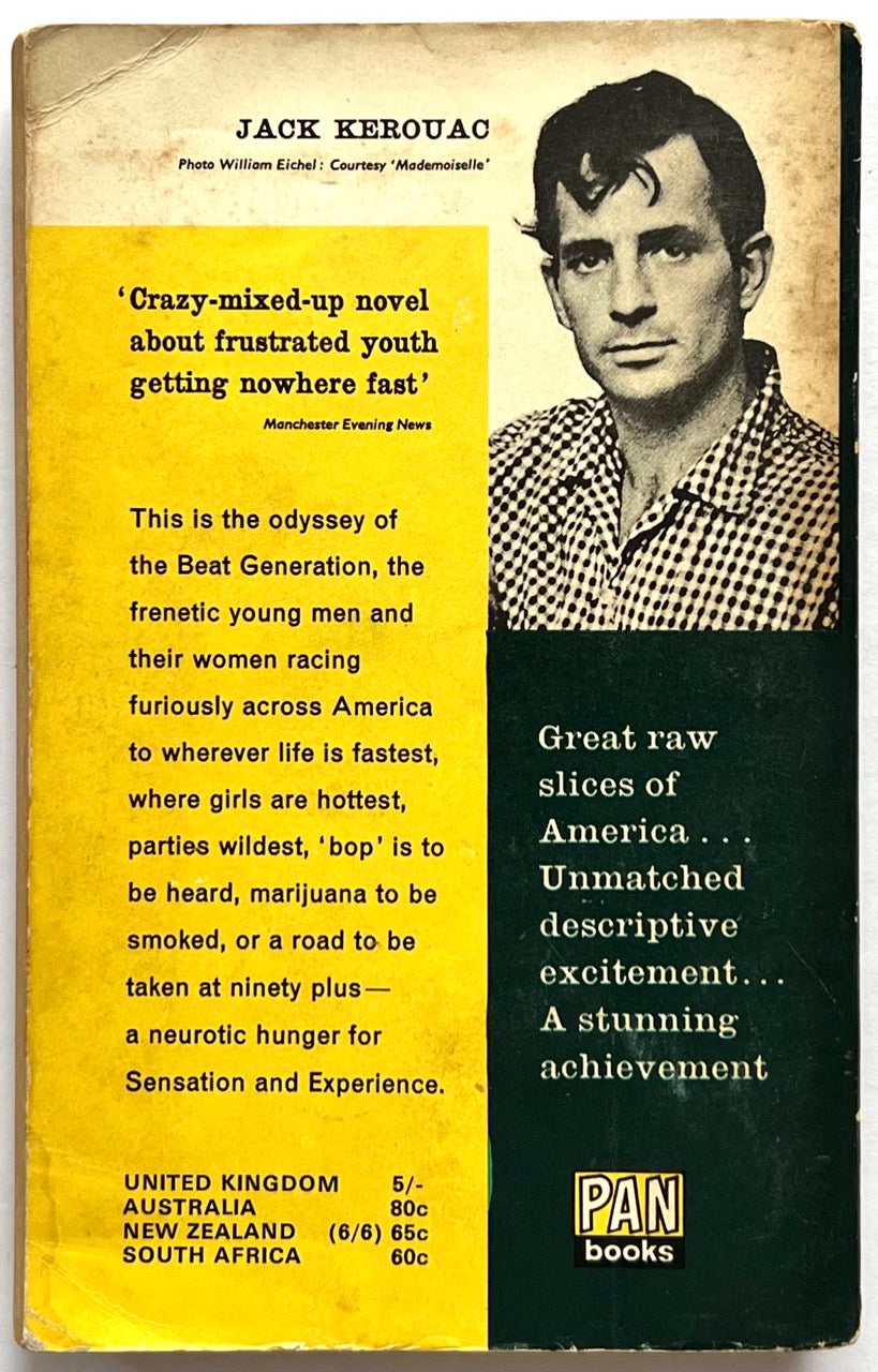 Vintage paperback book cover of 'On the Roadl' by Jack Kerouac, published by Pan Books. The cover features a split design with a yellow left half containing a quote and synopsis, and a black right half with a black-and-white portrait of Jack Kerouac and promotional text.