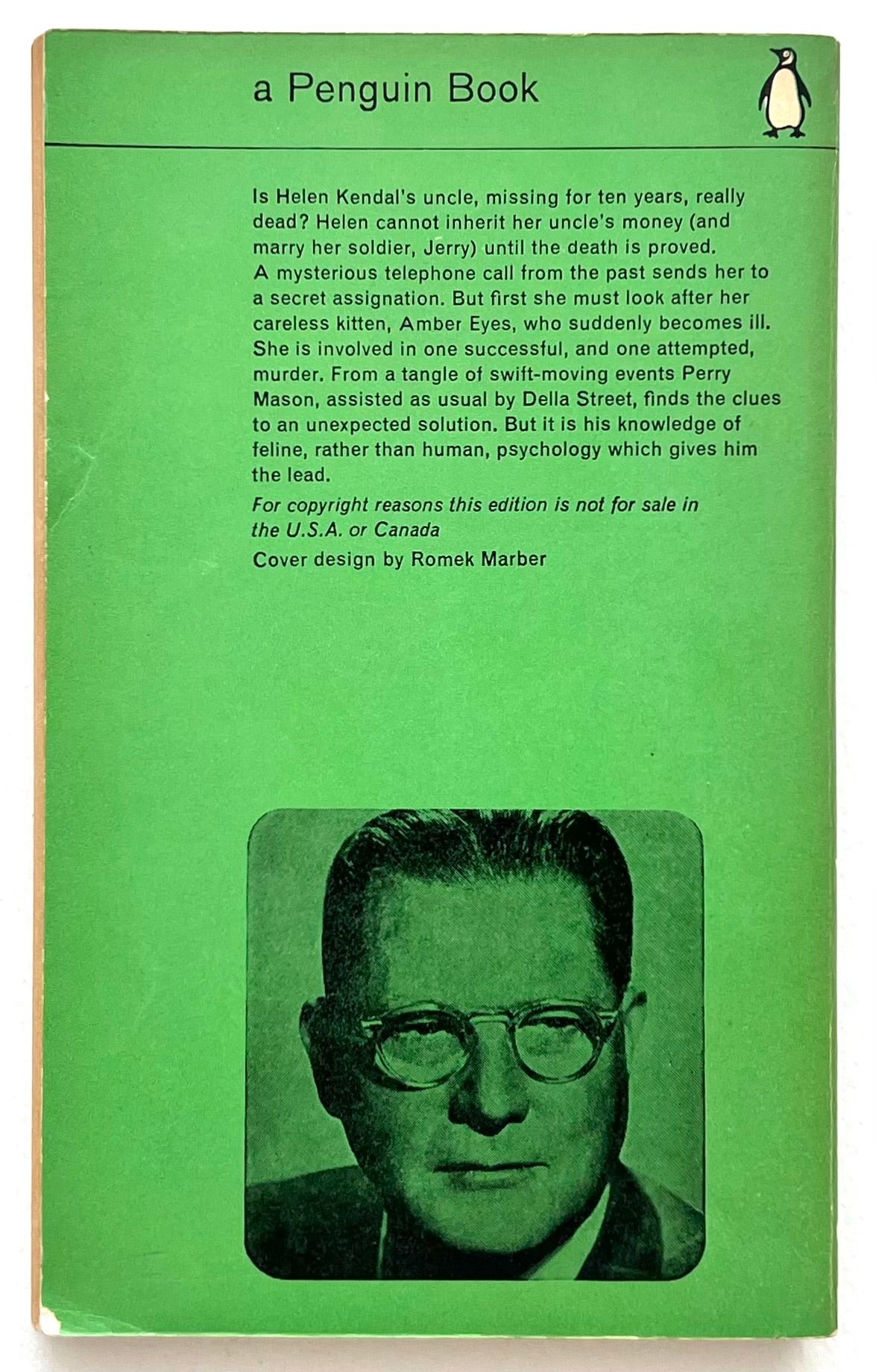 Green Penguin book cover with text and a portrait of Erle Stanley Gardner on a white background