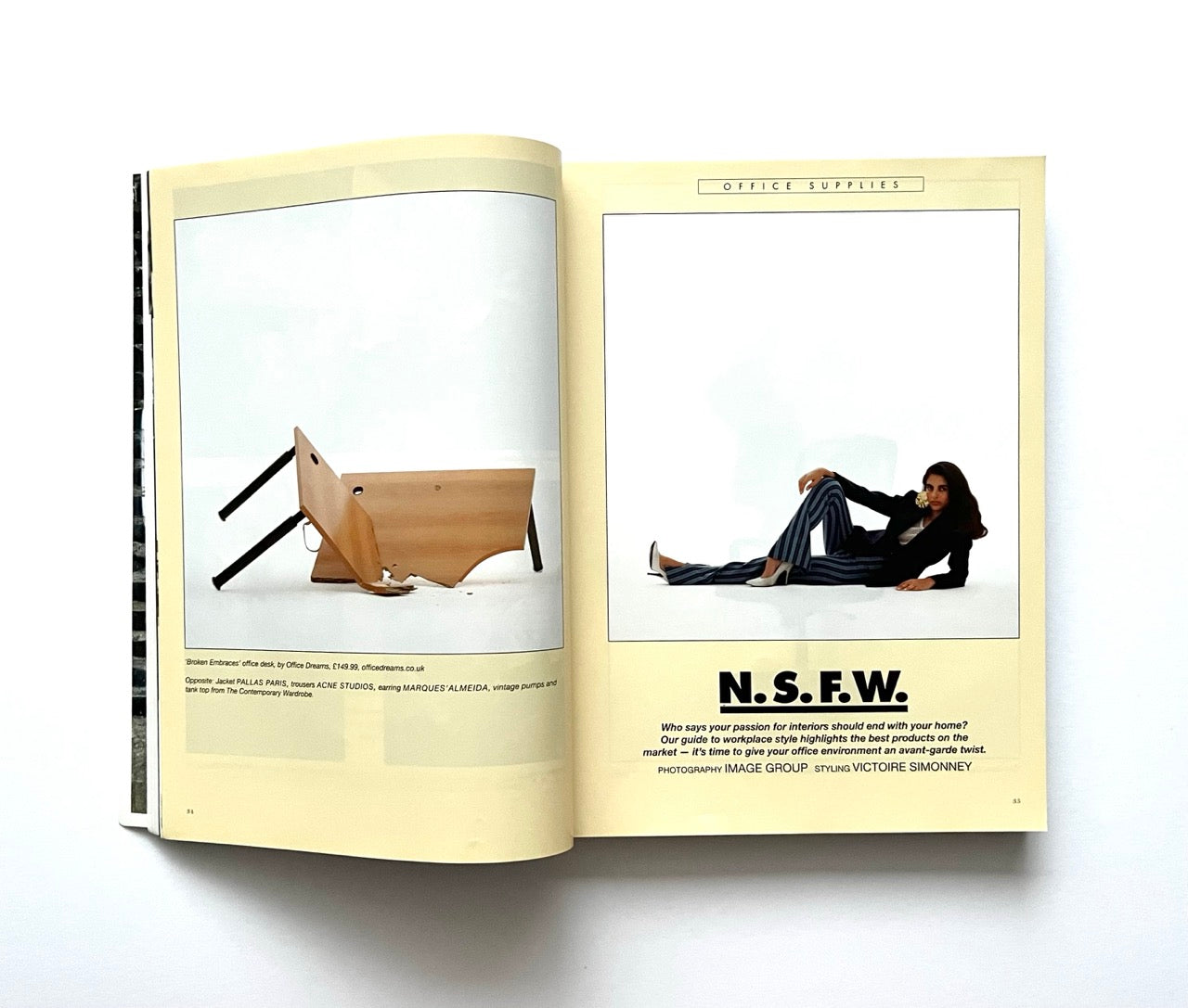 Open magazine - THE BEAUTIFUL HOME OF BUFFALO ZINE – ISSUE 6 (AW2017) - with a photo of a broken office desk and a person lying on the floor, labeled 'N.S.F.W.'