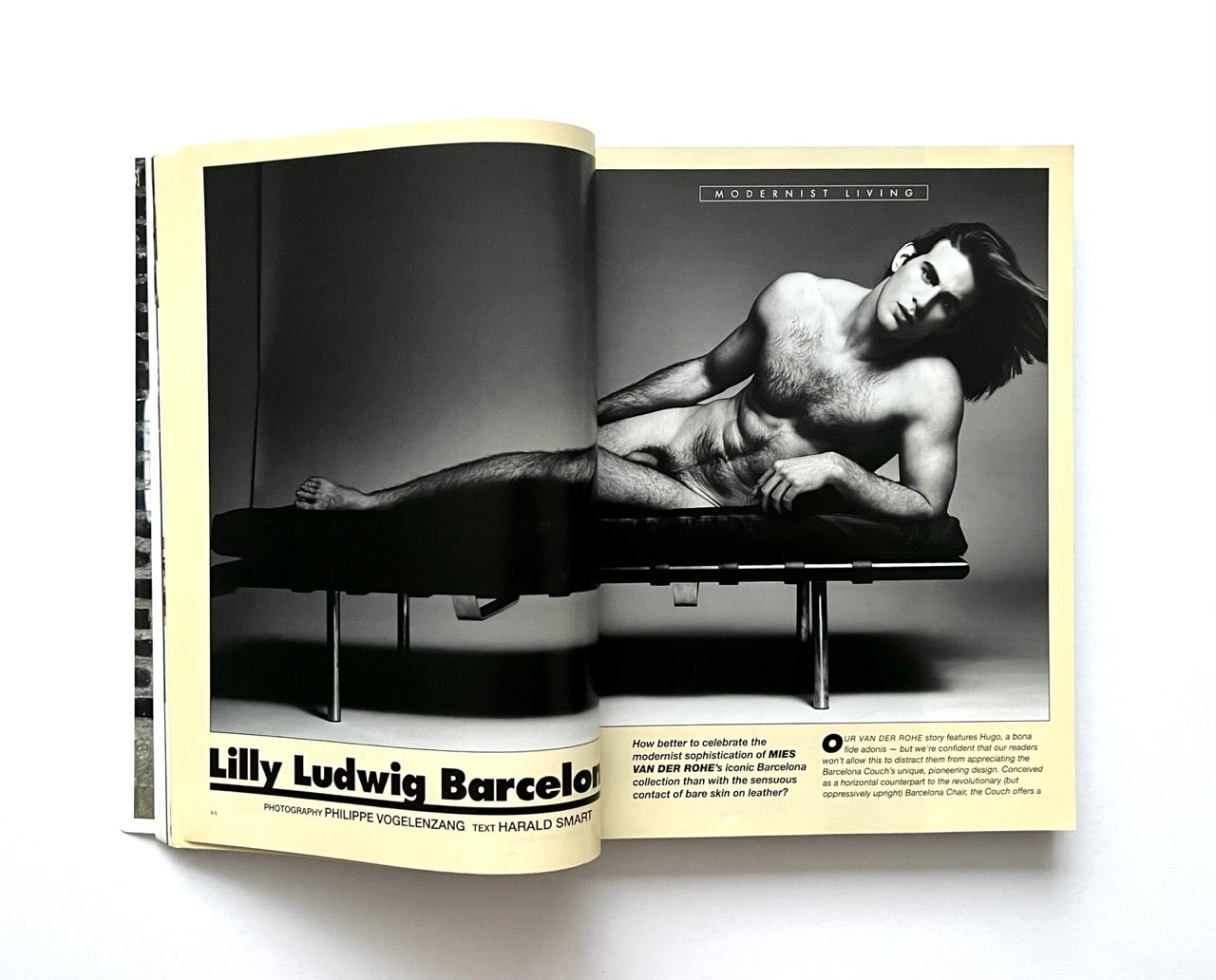 Open magazine - THE BEAUTIFUL HOME OF BUFFALO ZINE – ISSUE 6 (AW2017) - showing a black and white photo of a nude man streatched on Mies van der Rohe's iconic Barcelona couch.