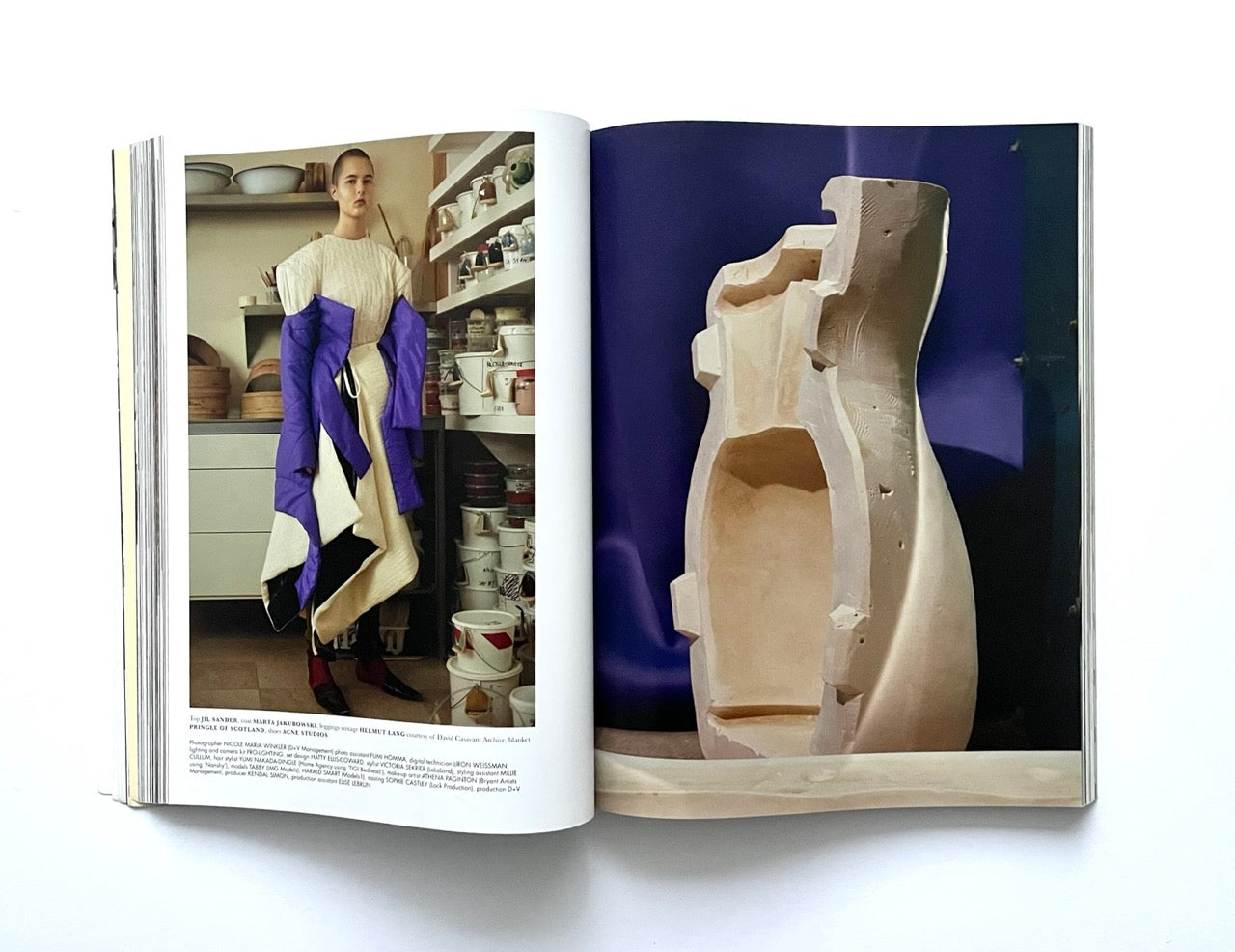 Open magazine - THE BEAUTIFUL HOME OF BUFFALO ZINE – ISSUE 6 (AW2017) - showing a page with a person in a room and another with a ceramic sculpture.