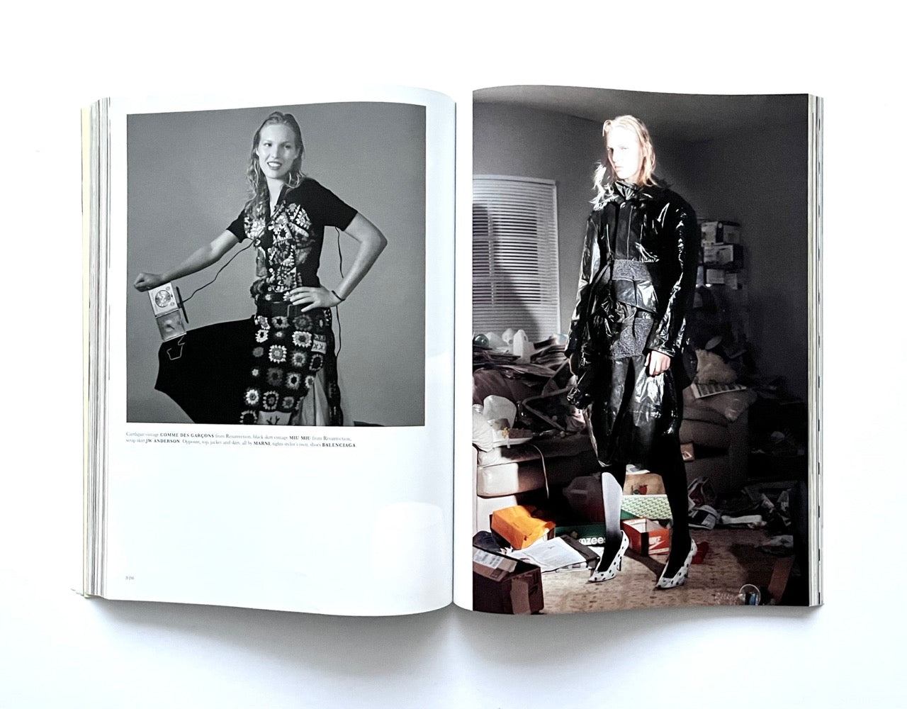 Open magazine - THE BEAUTIFUL HOME OF BUFFALO ZINE – ISSUE 6 (AW2017) - showing black and white photos of a woman in a patterned dress and another in a shiny outfit.