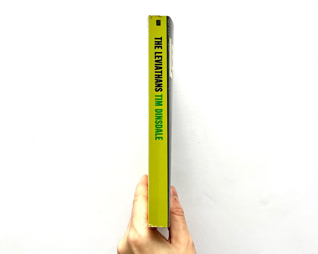 Hand holding a book titled 'The Leviathans' by Tim Dinsdale against a white background