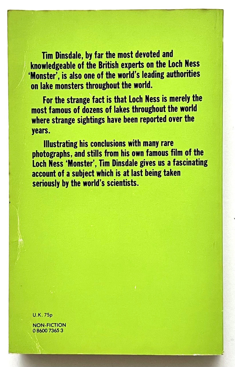 Rear book cover of'The Leviathans' by Tim Dinsdale,.with text about Loch Ness Monster.