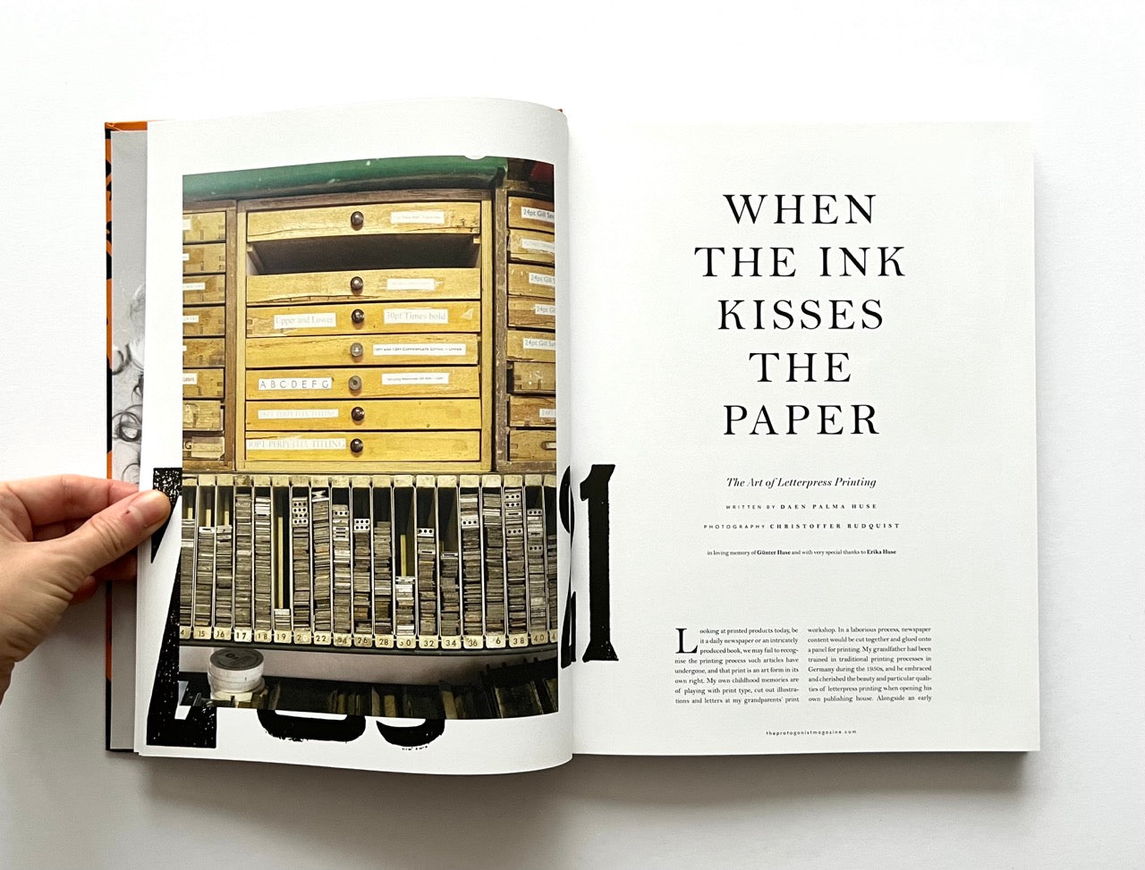 Open 'The Protagonist Magazine' issue 1, showing a page with a vintage printing press and text about letterpress printing.