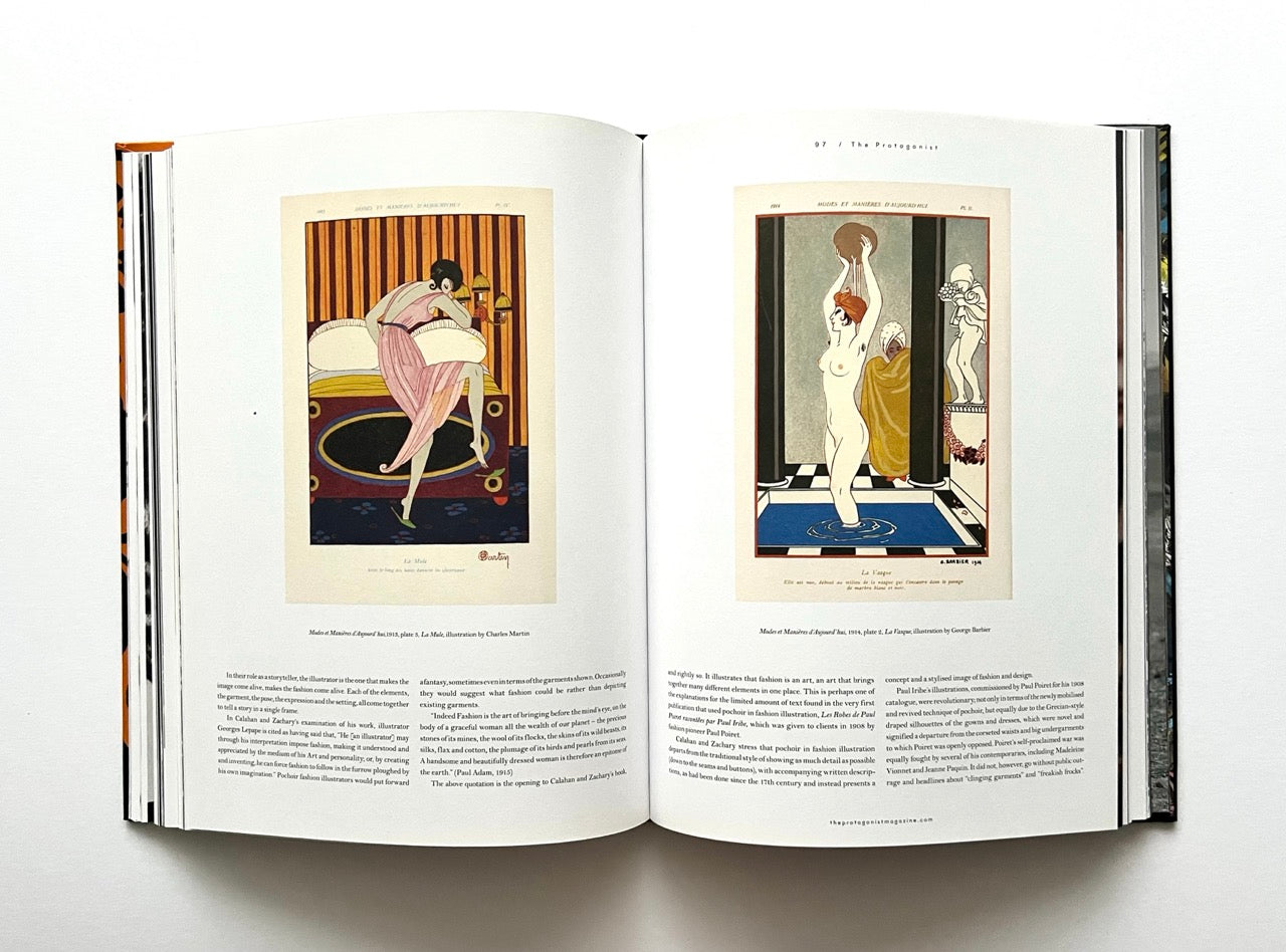 Open 'The Protagonist Magazine' issue 1, displaying art illustrations of women in elegant poses by George Barbier and Charles Martin.