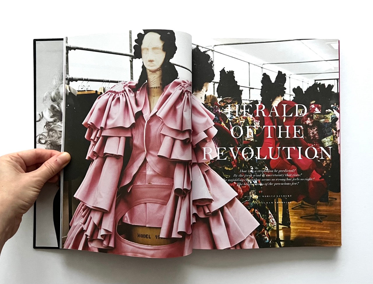 Open 'The Protagonist Magazine' issue 2, with a mannequin in a pink dress and text 'Herald of the Revolution'