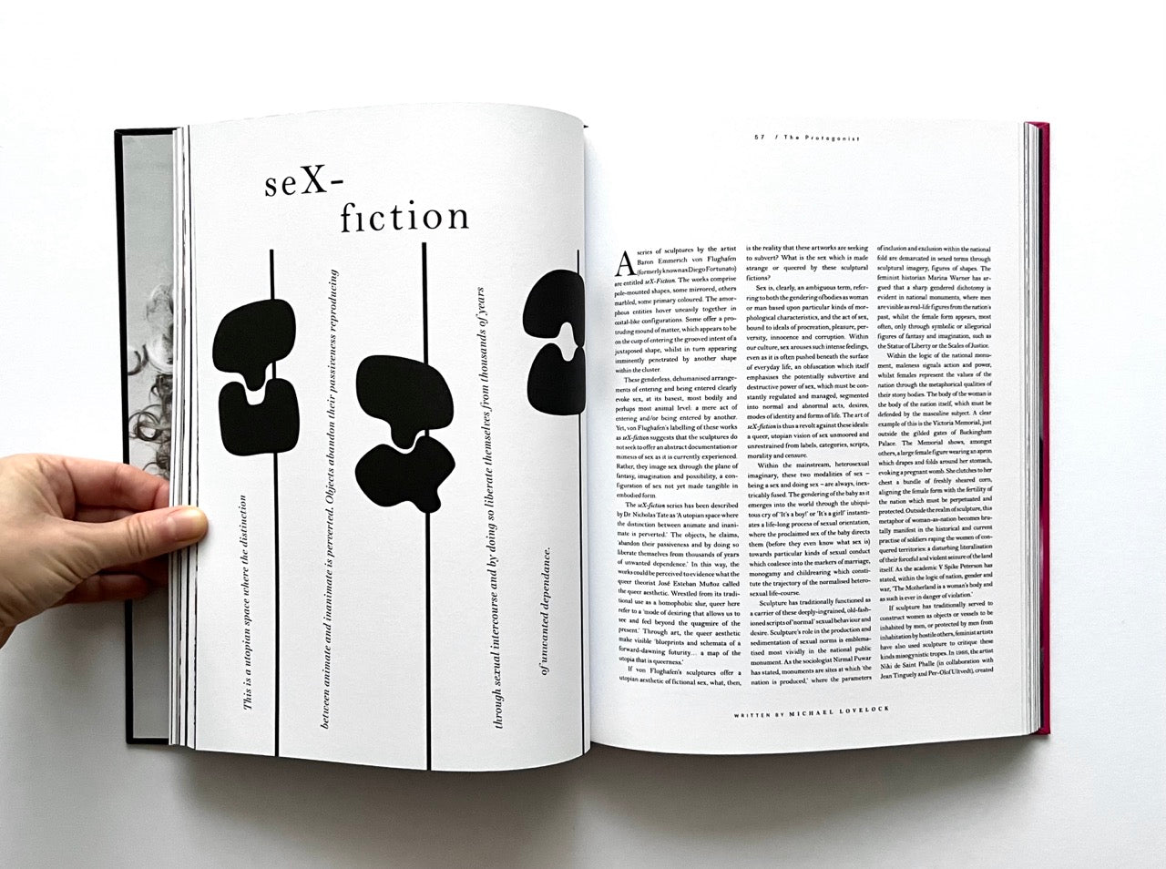 Open 'The Protagonist Magazine' issue 2, with black and white text and illustrations on a white background
