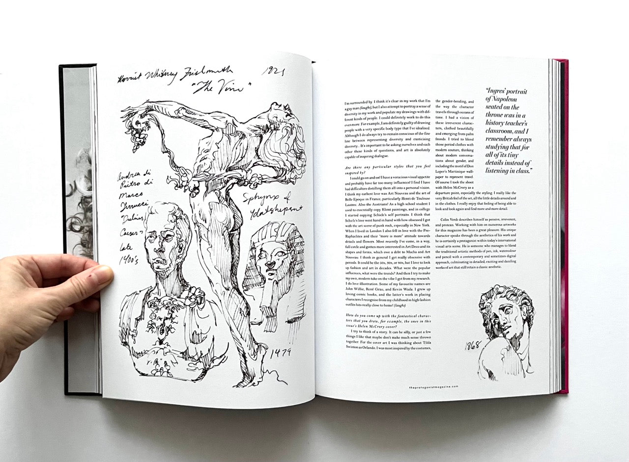 Open 'The Protagonist Magazine' issue 2, with line drawings of human figures and text on a white background