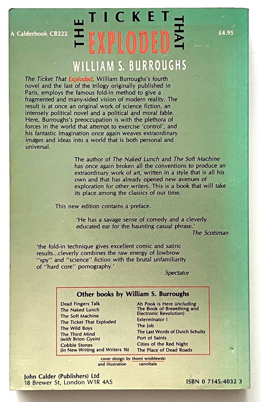 Rear book cover of 'The Ticket That Exploded' by William S. Burroughs with text and minimal design.