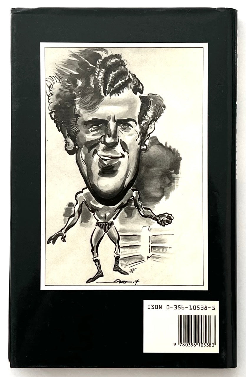 Back cover with caricature illustration of wrestler and ISBN label, dust jacket of You Grunt, I’ll Groan by Jackie Pallo