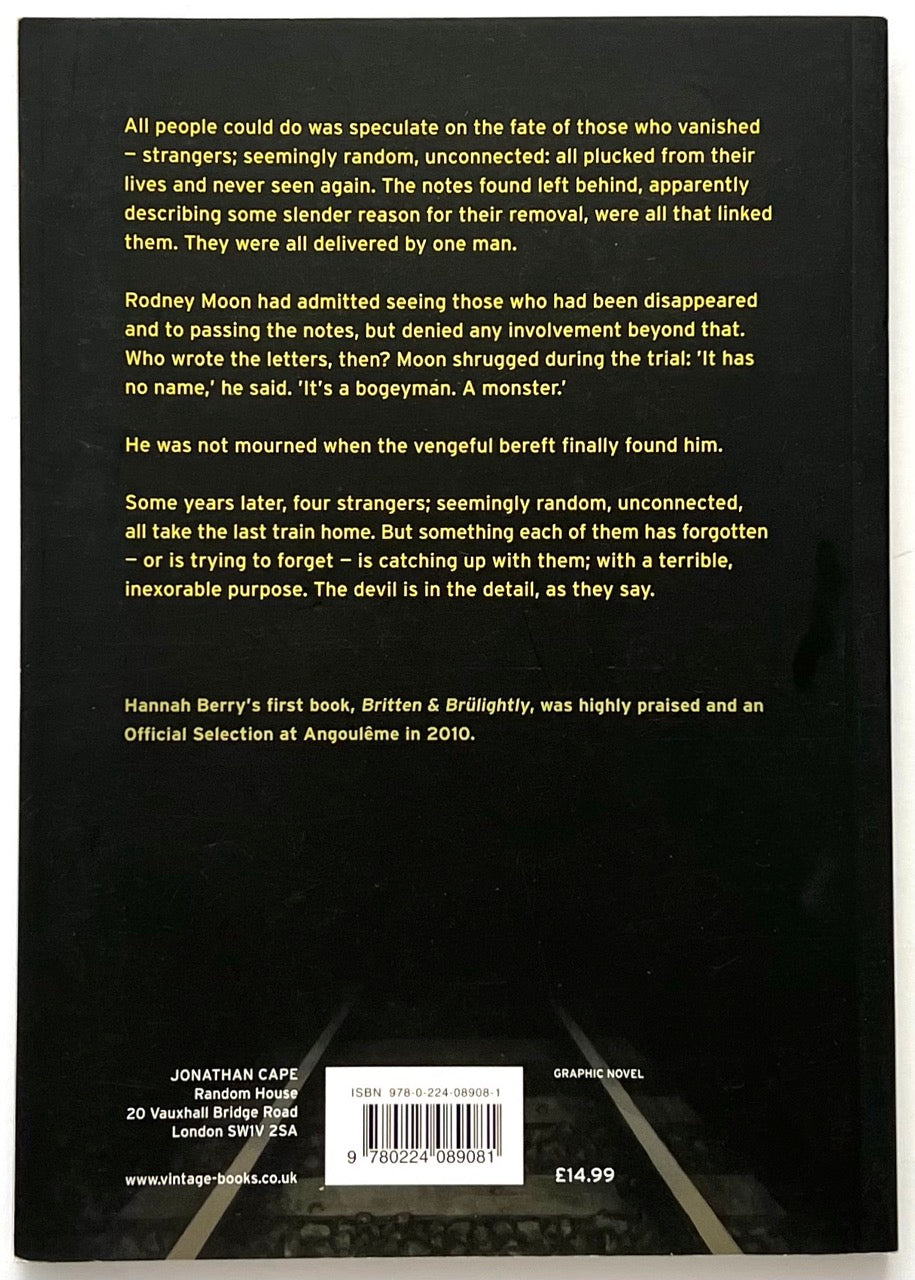 Adamtine by Hannah Berry, 2012 graphic novel, back cover with plot synopsis in yellow text on black background and publisher details Jonathan Cape London.
