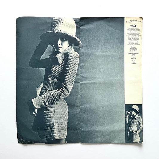 Biba catalogue spread showing Stephanie Farrow in corduroy trench coat and skirt with pricing column on the side, black and white studio photograph by Hans Feurer
