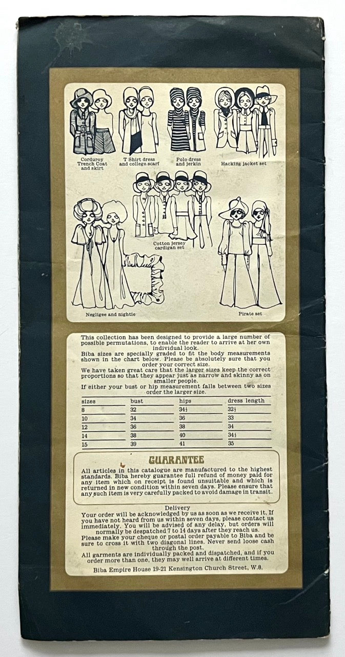Back cover of vintage Biba mail-order catalogue with illustrated outfit guide, size chart and ordering information, Kensington Church Street address