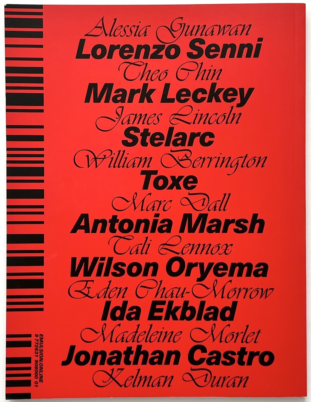 Back cover of EMULSION Issue One Winter 2018/19 with bold red typography listing contributing artists