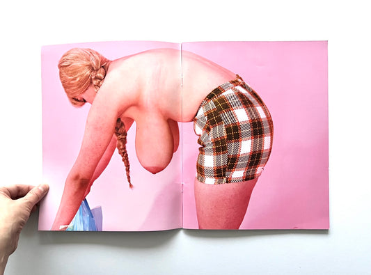 Magazine spread (Toiletpaper No. 7, December 2012) showing a topless woman with unusually elongated breasts photographed against pink background.