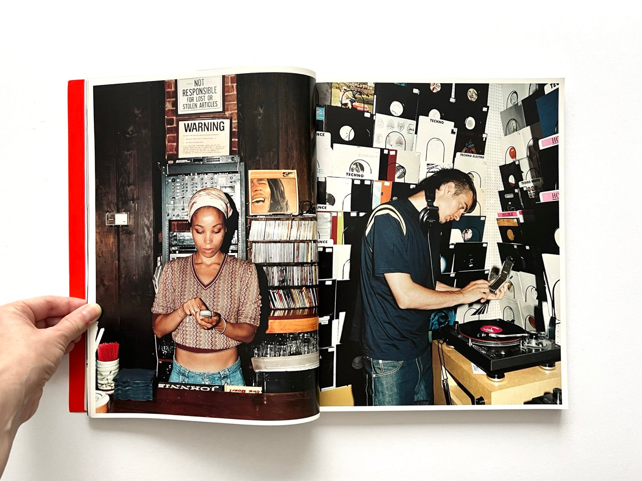 Interior spread of 10 Magazine Issue One showing a DJ at turntables and a woman standing in a record shop interior