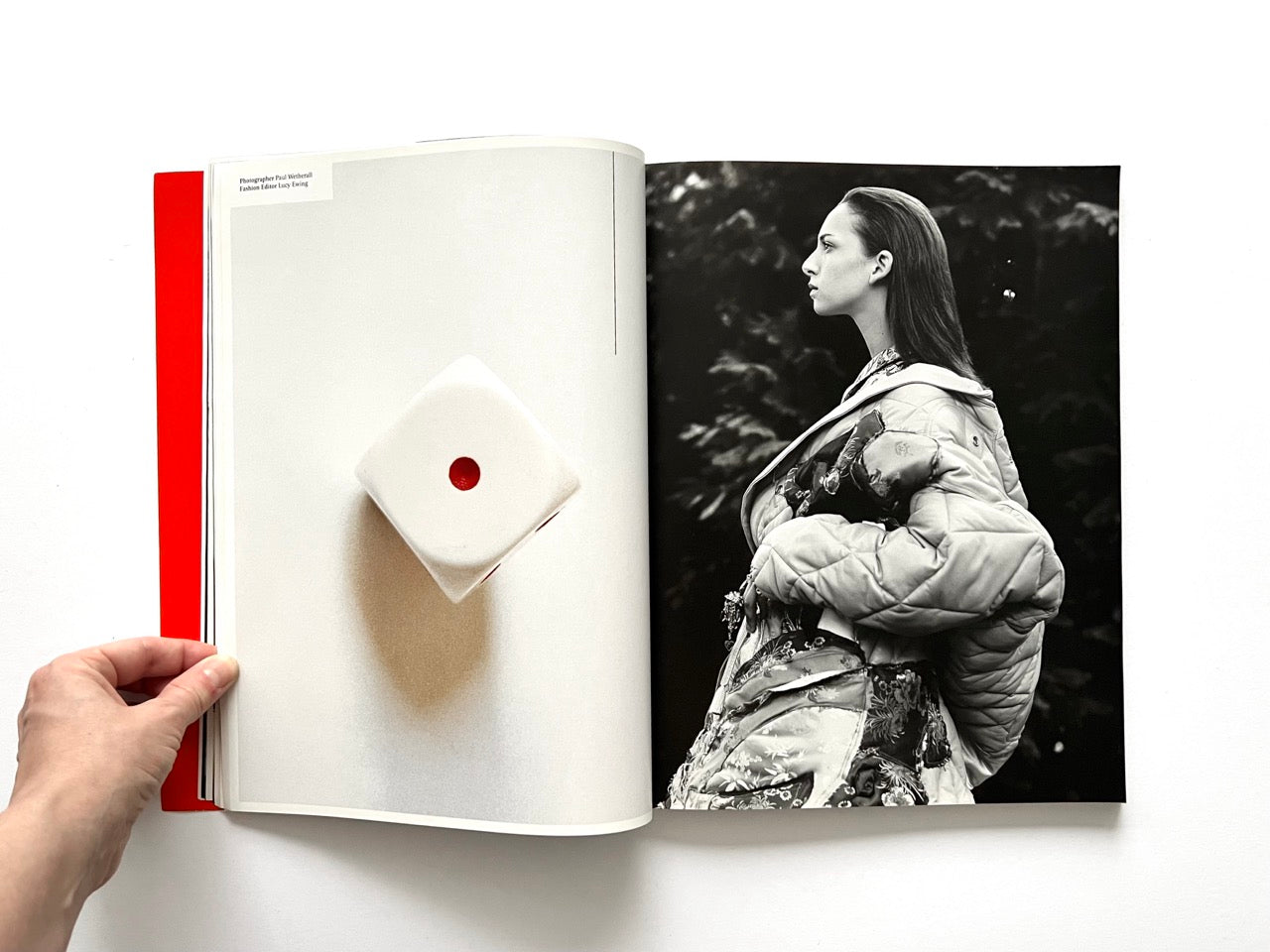 Interior spread of 10 Magazine Issue One featuring a minimalist cube object and a black and white fashion portrait of a model
