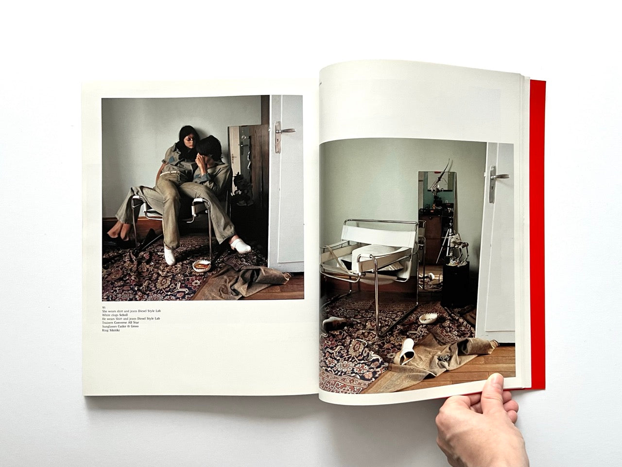 Interior spread of 10 Magazine Issue One showing two figures seated in a sparse interior alongside a still life of a chair and scattered objects
