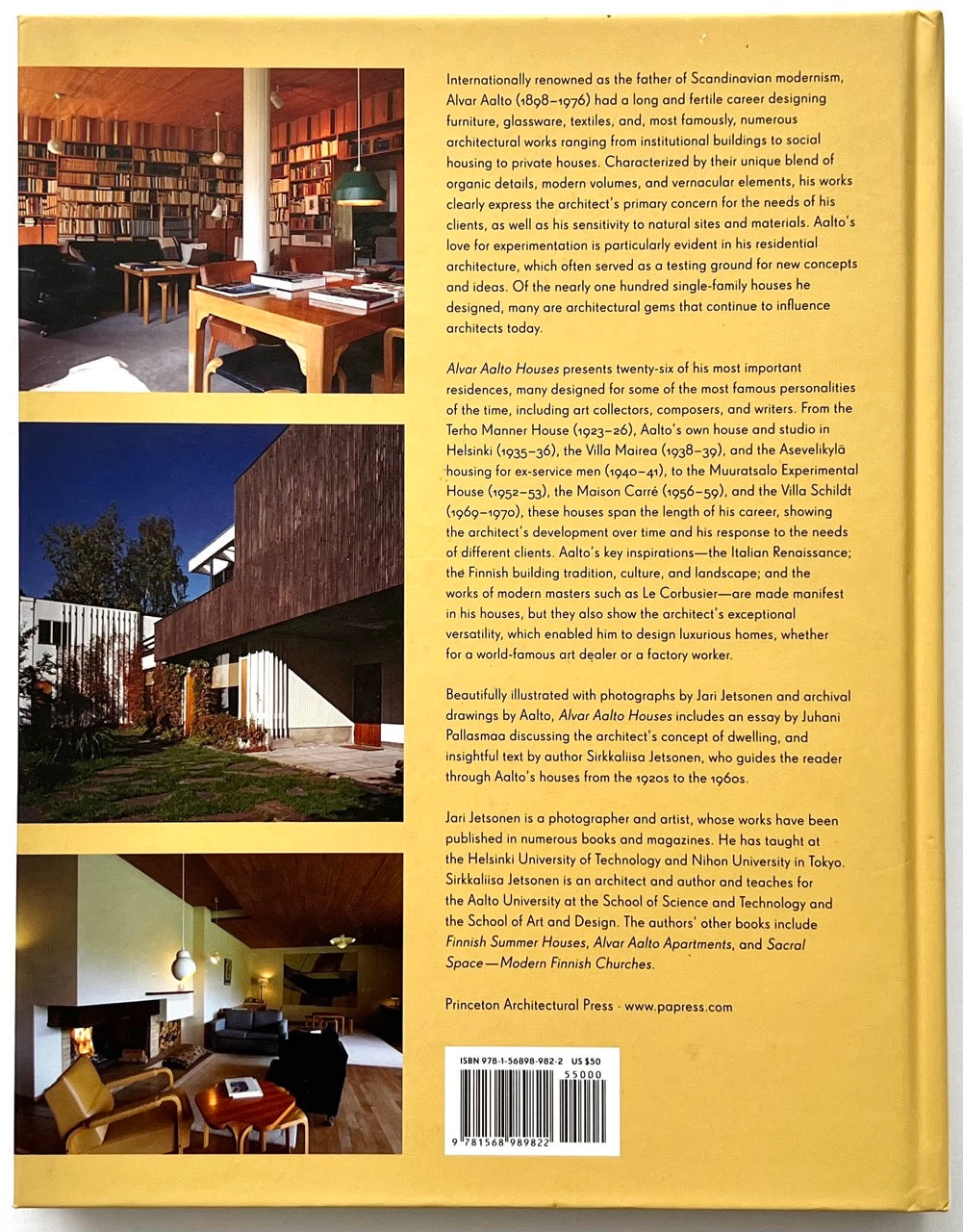 Back cover of Alvar Aalto Houses (2011) by Jari Jetsonen and Sirkkaliisa Jetsonen, showing three colour photographs of Alvar Aalto house interiors and exteriors alongside the book description, publisher information and ISBN barcode.