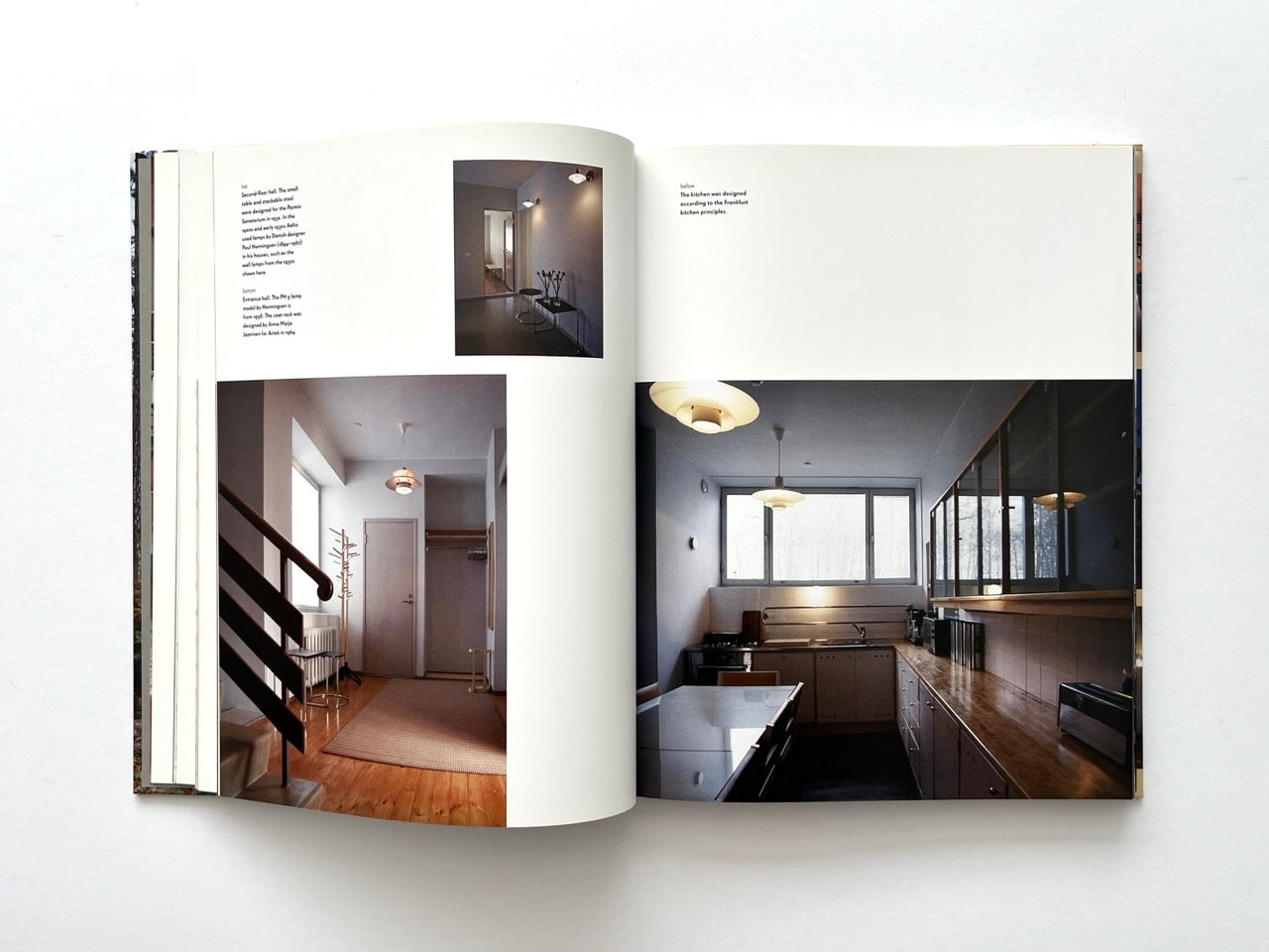 Interior spread from Alvar Aalto Houses (2011) by Jari Jetsonen and Sirkkaliisa Jetsonen, showing a hallway with original furnishings and a functional modernist kitchen designed by Alvar Aalto.
