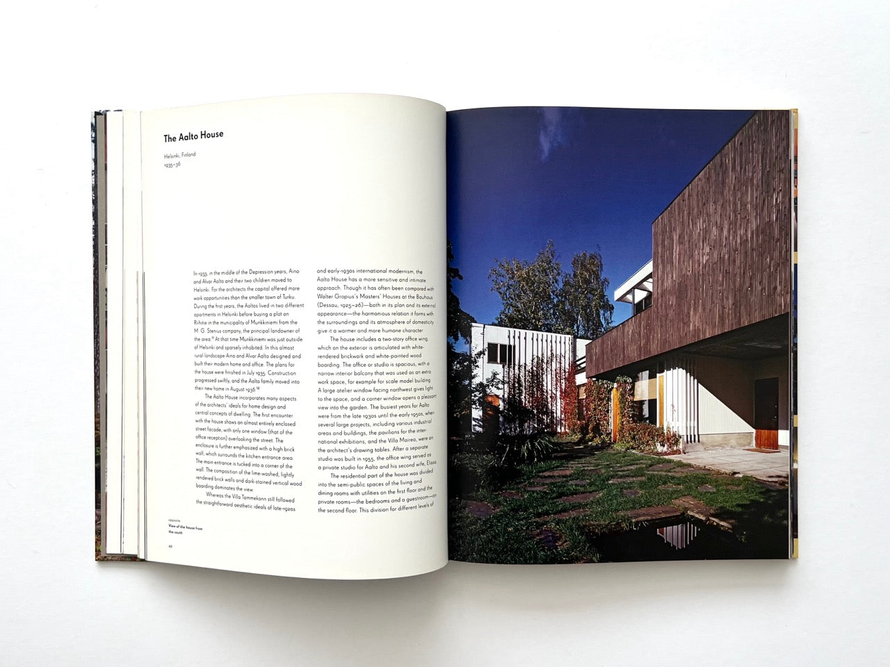 Interior spread from Alvar Aalto Houses (2011) by Jari Jetsonen and Sirkkaliisa Jetsonen, introducing The Aalto House in Helsinki with text and a full-page exterior photograph of the studio wing.