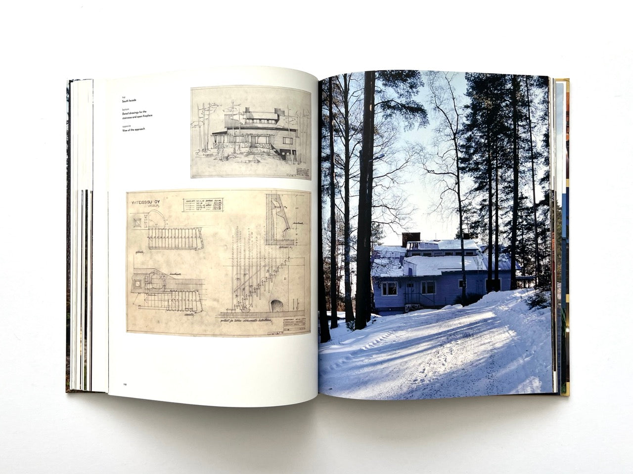 Interior spread from Alvar Aalto Houses (2011) by Jari Jetsonen and Sirkkaliisa Jetsonen, combining archival architectural drawings with a winter photograph of an Alvar Aalto house in a snowy forest landscape.