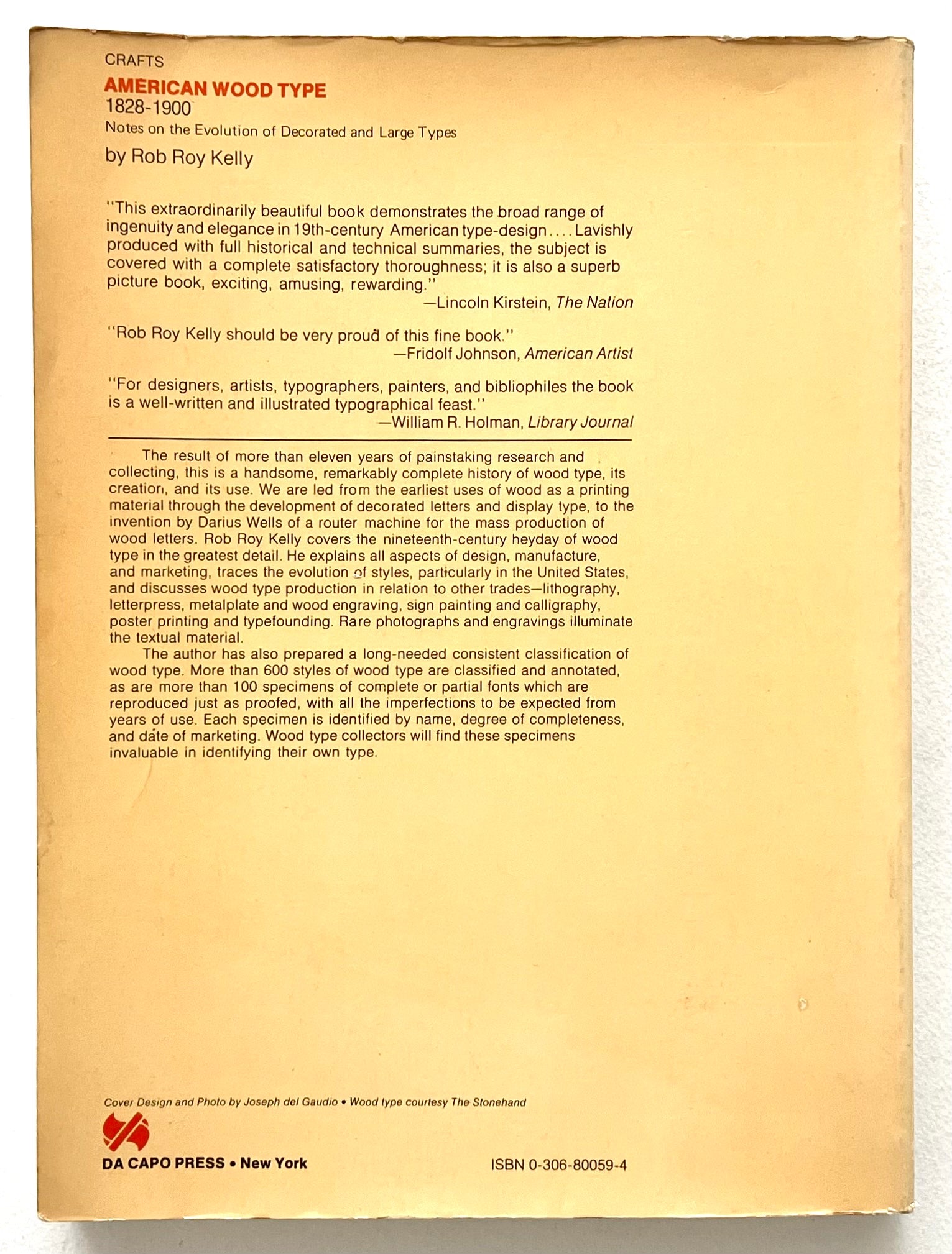 Back cover of a book with text about American wood type, published by Da Capo Press. 'American Wood Type: 1828-1900' by Rob Roy Kelly.