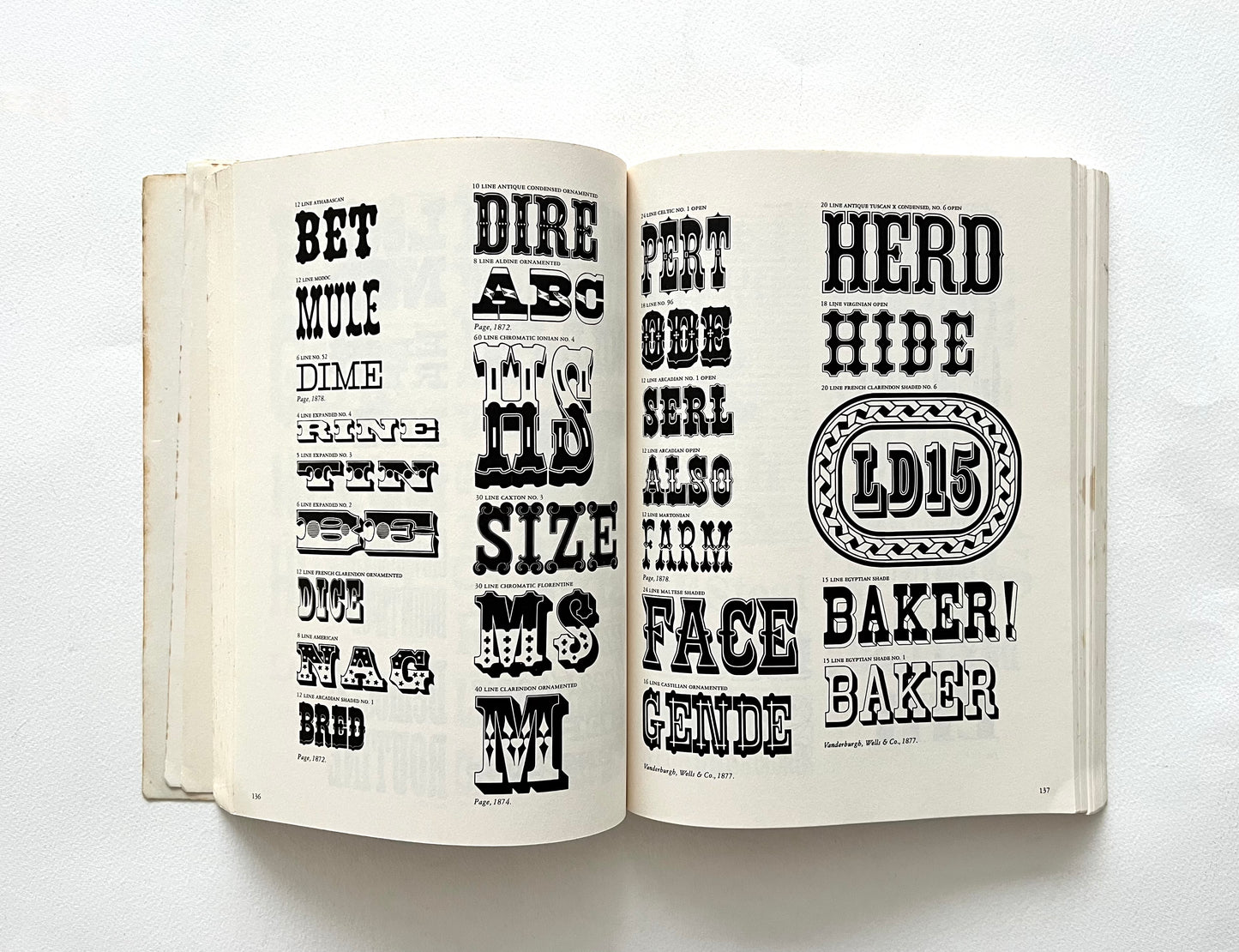 Open book displaying various typeface designs on a white background