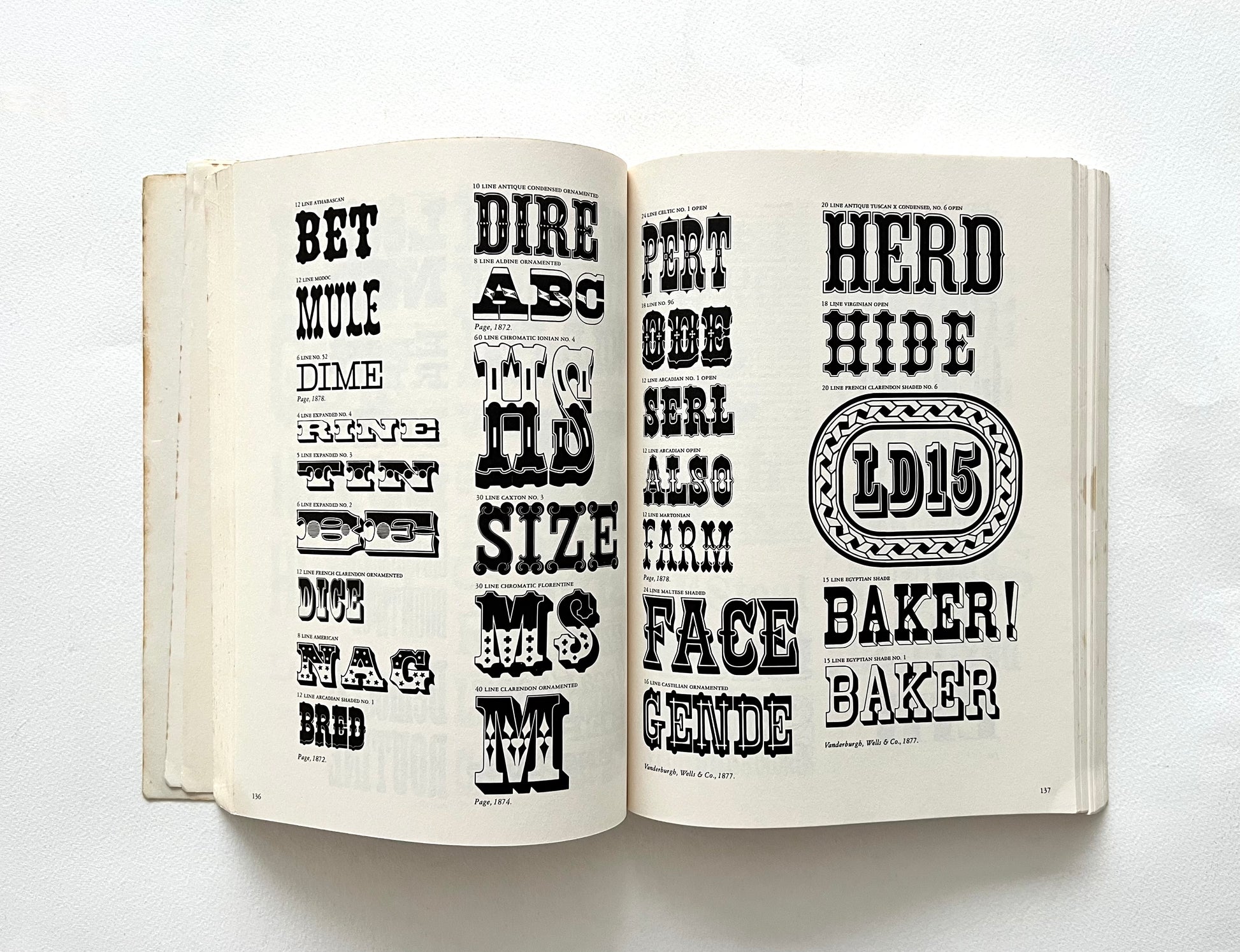 Open book displaying various typeface designs on a white background