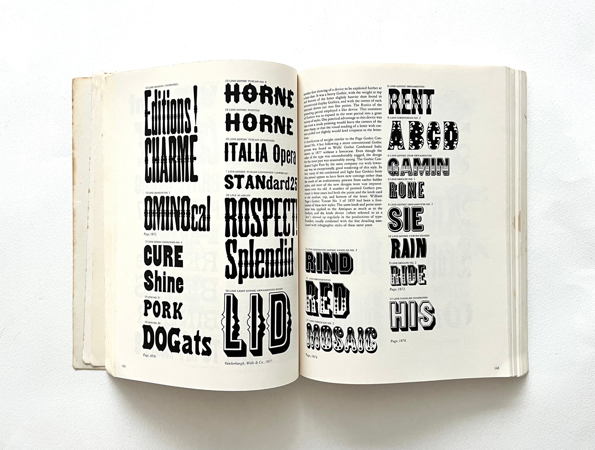 Open book displaying various typographic styles on a white background