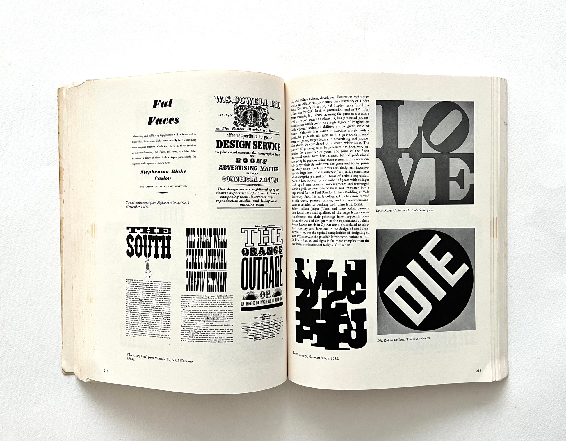 Open book with black and white text and graphics on a white background