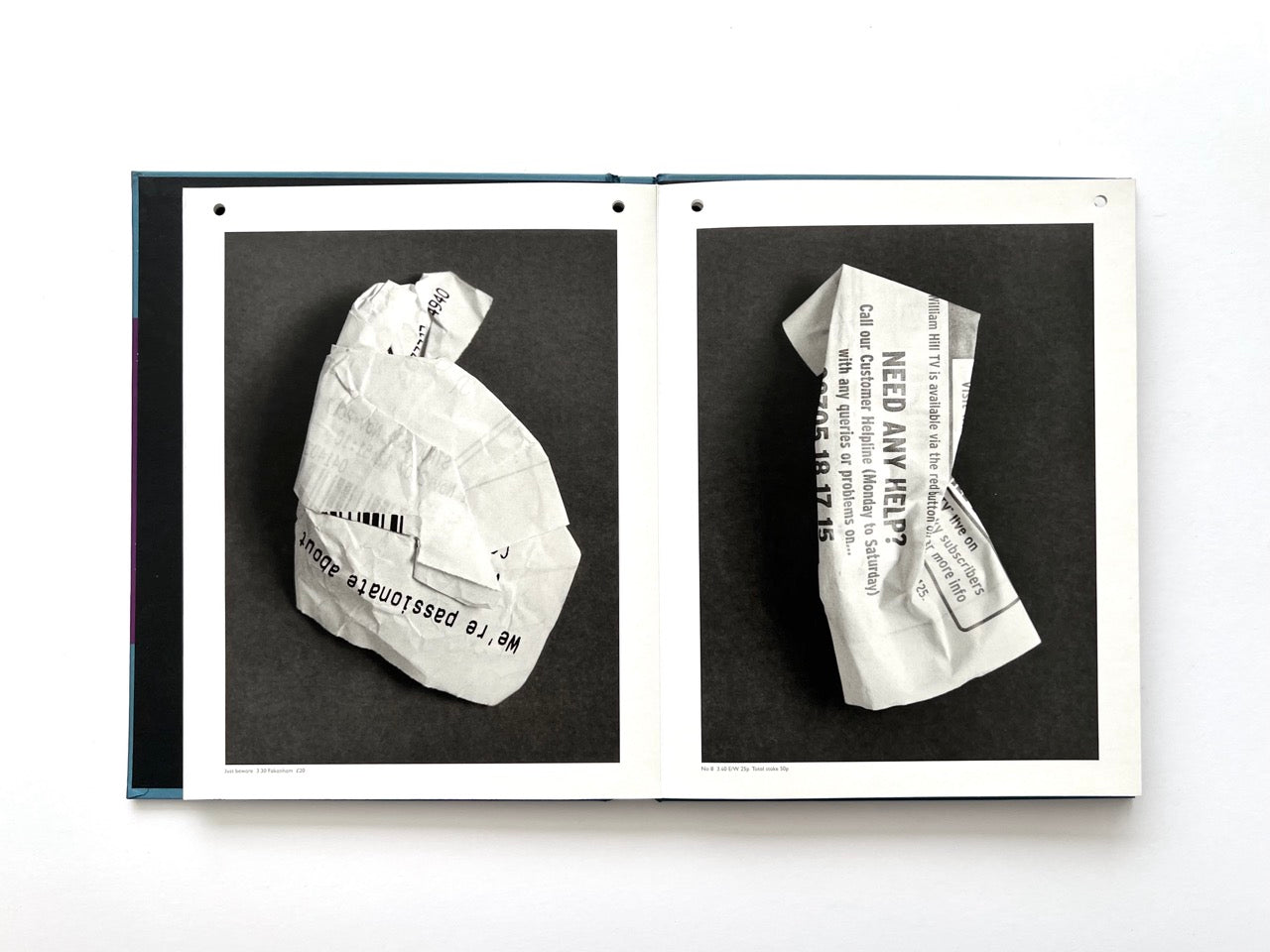 Interior spread from A Series of Disappointments (2008) by Stephen Gill, featuring discarded betting slips  against dark backgrounds.
