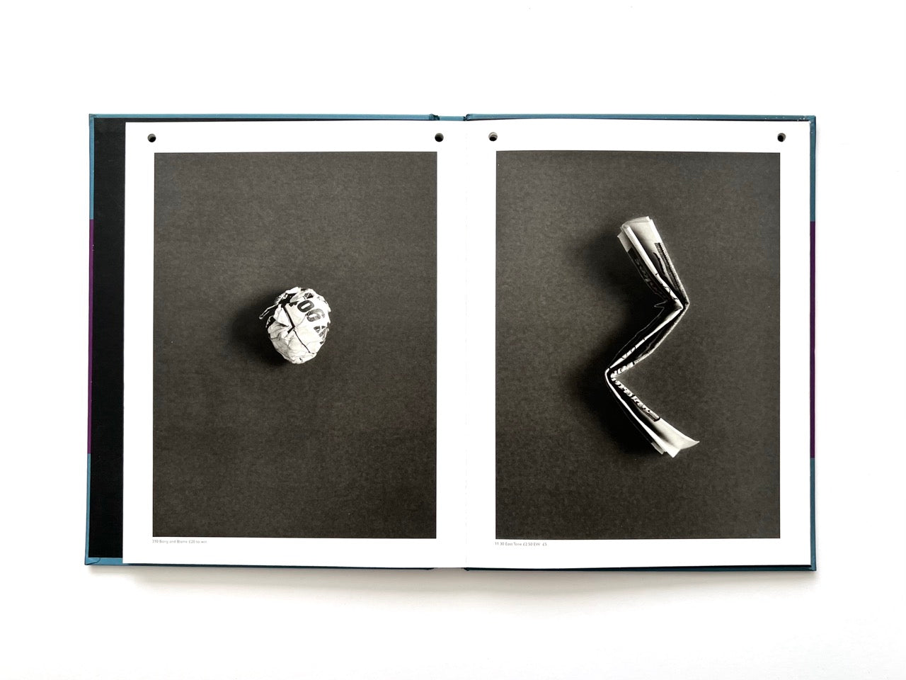 nterior spread from A Series of Disappointments (2008) by Stephen Gill, showing two crumpled betting slips whose folds, printed text and fragmented typography create abstract sculptural forms.
